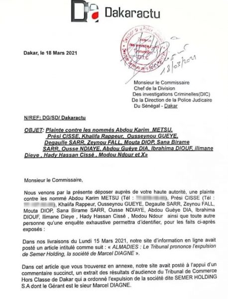 Prési Cissé et Cie placés en garde à vue : Voici la plainte de Dakaractu(Document)