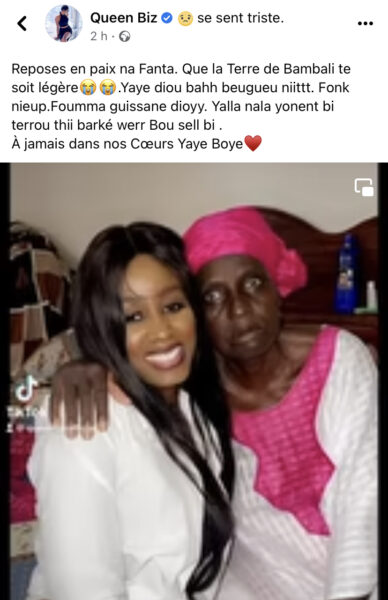 Décés de la tante de Sadio Mane : la reine Queen Biz pleure «Yaye diou bakh…»